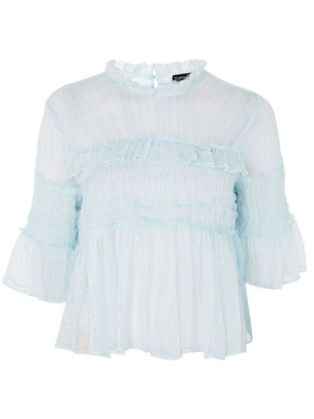 TOPSHOP Women's Metallic Stripe Ruffle Tulle Sheer Top Blouse Blue EUR 40 US 8